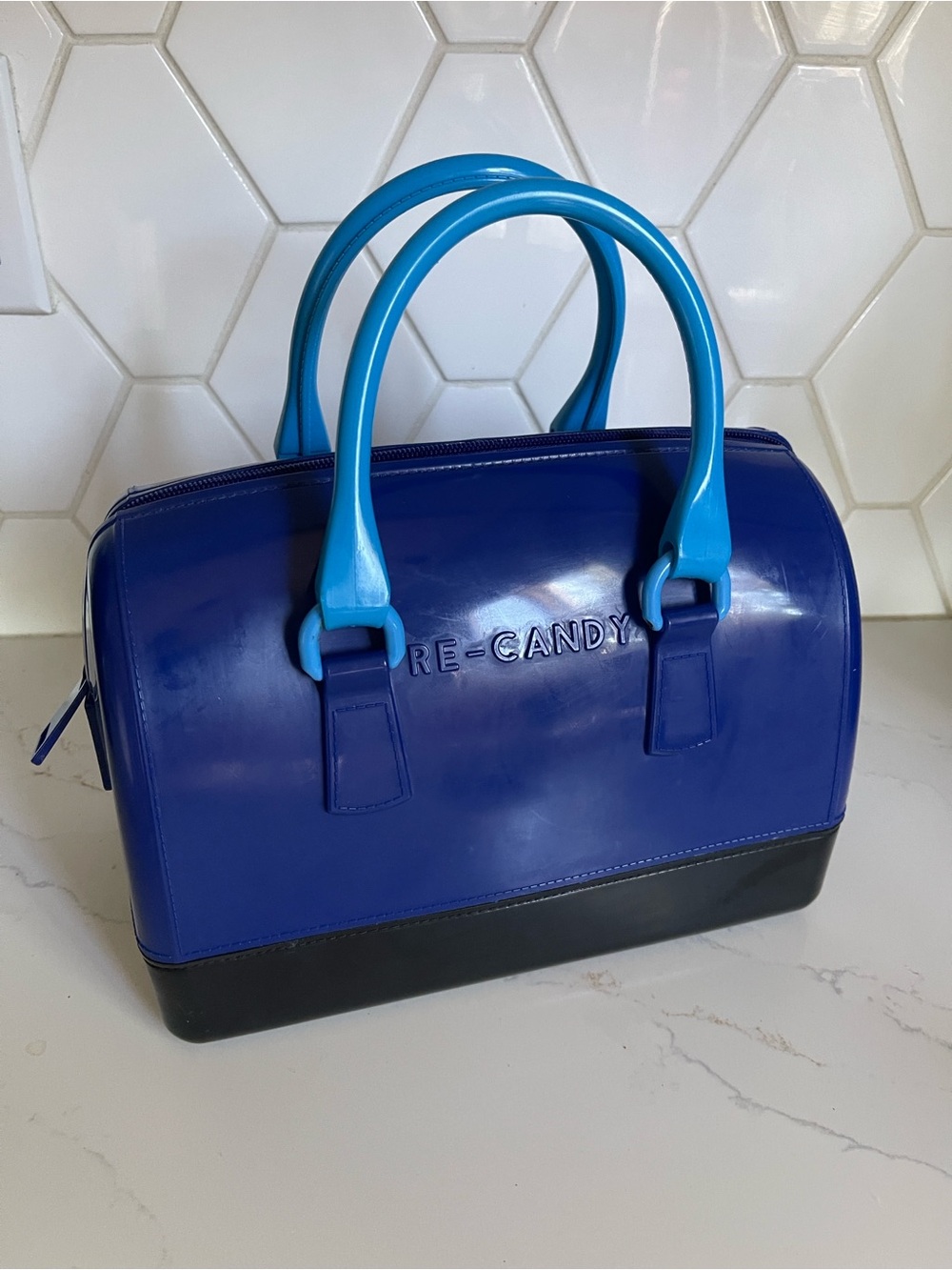 Furla Speedy Two-Tone Blue Dome Satchel with Bright Blue Handles